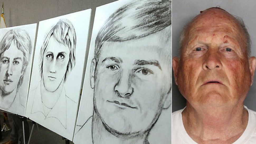 Three different law enforcement drawings show a suspected serial killer at a news conference in Sacramento, Calif., in June 2016. (Rich Pedroncelli/AP). This undated law enforcement photo provided by the Sacramento County, Calif., Sheriff’s Office shows Joseph James DeAngelo. (Sacramento County Sheriff’s Office via AP)