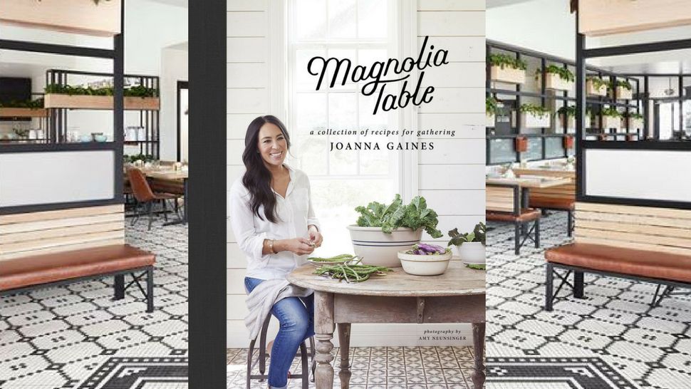 Background image, photo from inside the new Magnolia Table restaurant in Waco (Courtesy/Joanna Gaines, Instagram). Top image, Joanne Gaines' new cookbook, titled the same. 