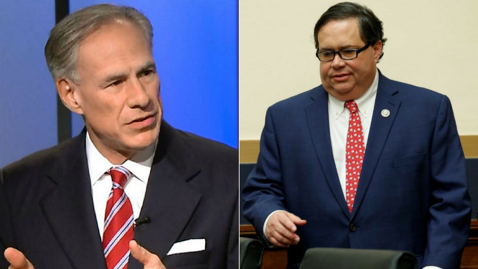 Pictured, from left, file photo of Gov. Abbott appearing on Spectrum News' Capital Tonight show. At right, file photo of Blake Farenthold. (Image/AP)
