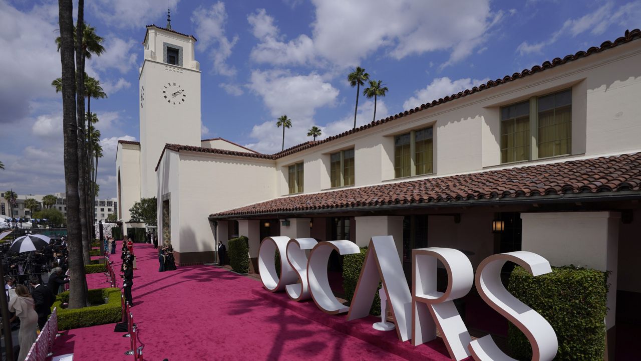 A view of the red carpet at the Oscars on Sunday, April 25, 2021, at Union Station in Los Angeles. (AP Photo/Mark Terrill, Pool)