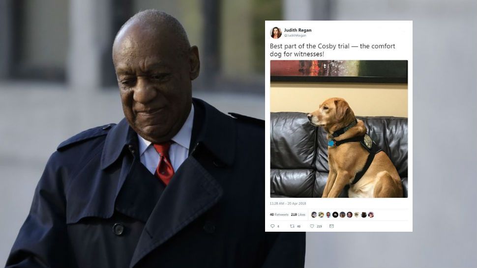 Top image, screenshot of Twitter post from witness Judith Regan of Turks. Bakcground image, Bill Cosby arrives for his retrial on April 26, 2018. Courtesy/AP, Matt Slocum