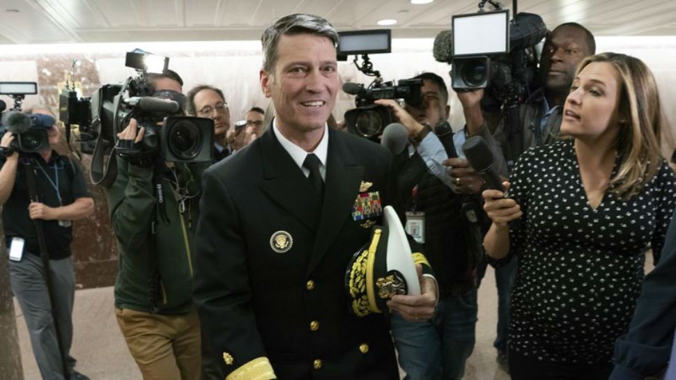 Rear Adm. Ronny Jackson, President Donald Trump’s choice to be secretary of the Department of Veterans Affairs, leaves a Senate office building after meeting individually with some members of the committee that would vet him for the post, on Capitol Hill in Washington, Tuesday, April 24, 2018. (AP Photo/J. Scott Applewhite)