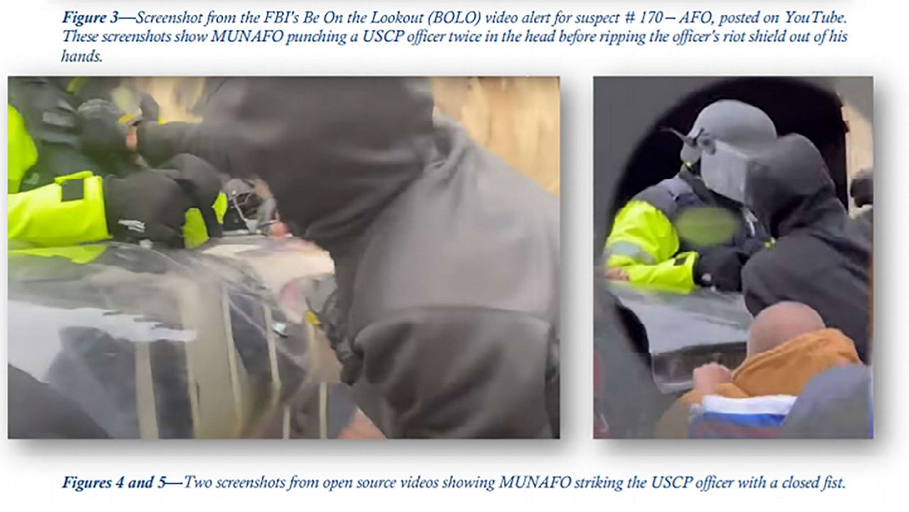 Photos from the FBI documents claim to show Jonathan Monafo punching a Capitol police officer on January 6. (FBI)