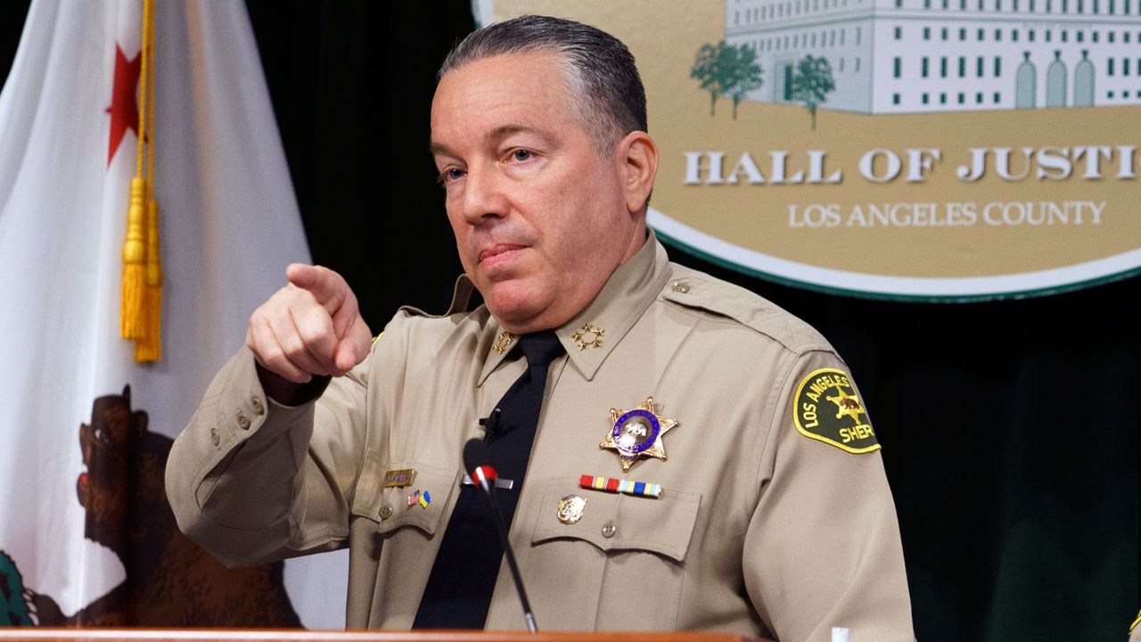 Los Angeles County Sheriff Alex Villanueva takes questions during a news conference Tuesday in Los Angeles. (AP Photo/Damian Dovarganes)