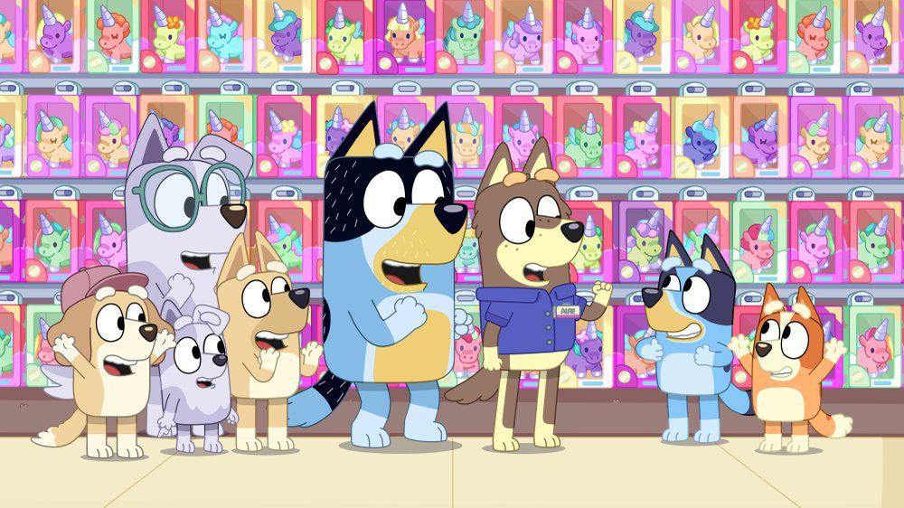 This image released by Disney Channel shows the character Alfie, voiced by Robert Irwin, third from right, in a scene from the animated series "Bluey." Irwin has long acted as a voice for animals. Now he’s actually voicing an animal. The 17-year-old son of the late conservationist Steve Irwin this week lends his voice to the character Alfie on the popular children’s TV show. (Disney Channel via AP)