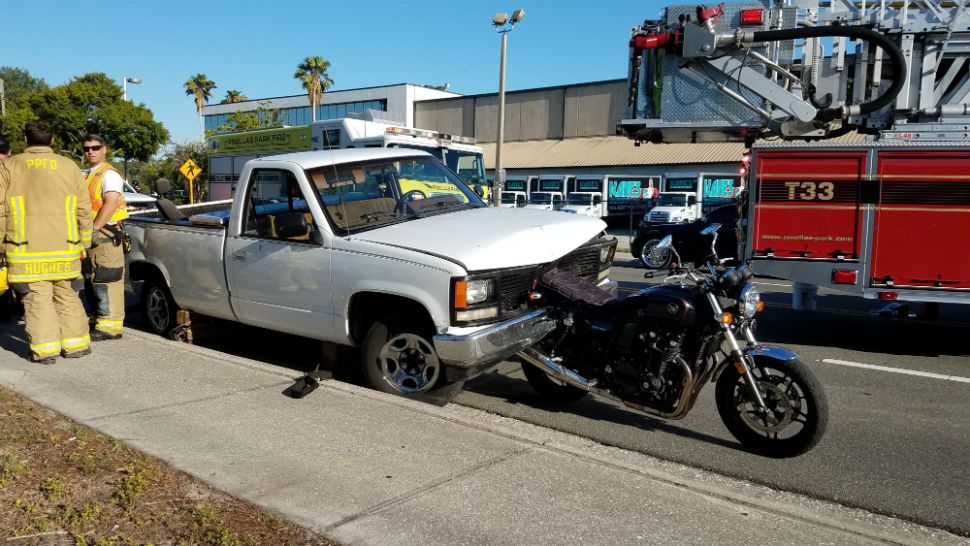 A pickup truck and a motorcycle were involved in a crash in Pinellas Park.