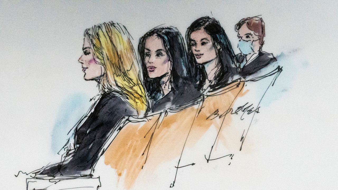 In this courtroom artist sketch, Khloe Kardashian, from left, Kim Kardashian, Kylie Jenner and Kris Jenner sit in court in Los Angeles, Tuesday, April 19, 2022. (Bill Robles via AP)