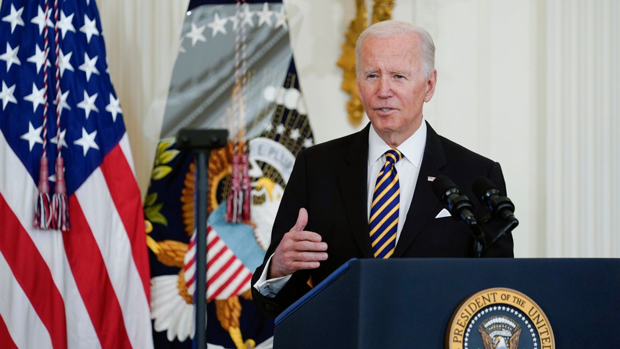 President Joe Biden speaks during the 2022 National and State Teachers of the Year event in the East Room of the White House in Washington, Wednesday, April 27, 2022. (AP Photo/Susan Walsh)