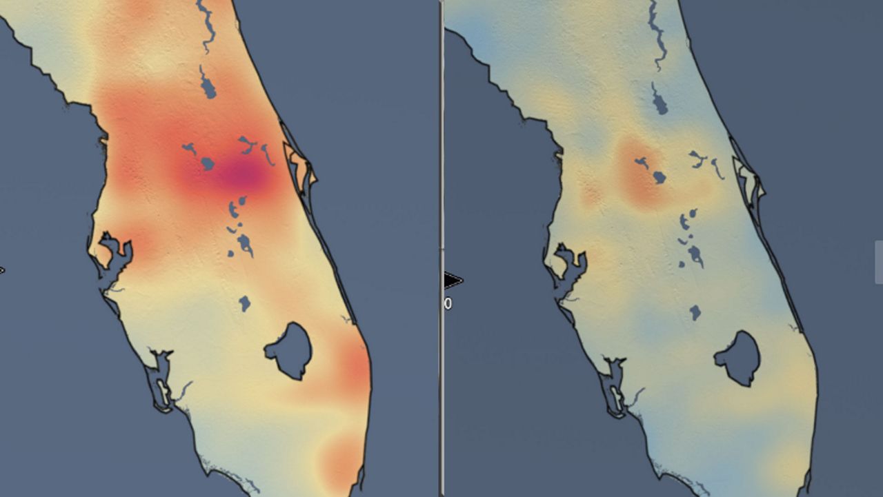 Left: The mean levels of NO2 over Florida from 2015 to 2019 during the period of March 15 to April 15. Right: NO2 levels over Florida from March 15 to April 15, 2020. (NASA)