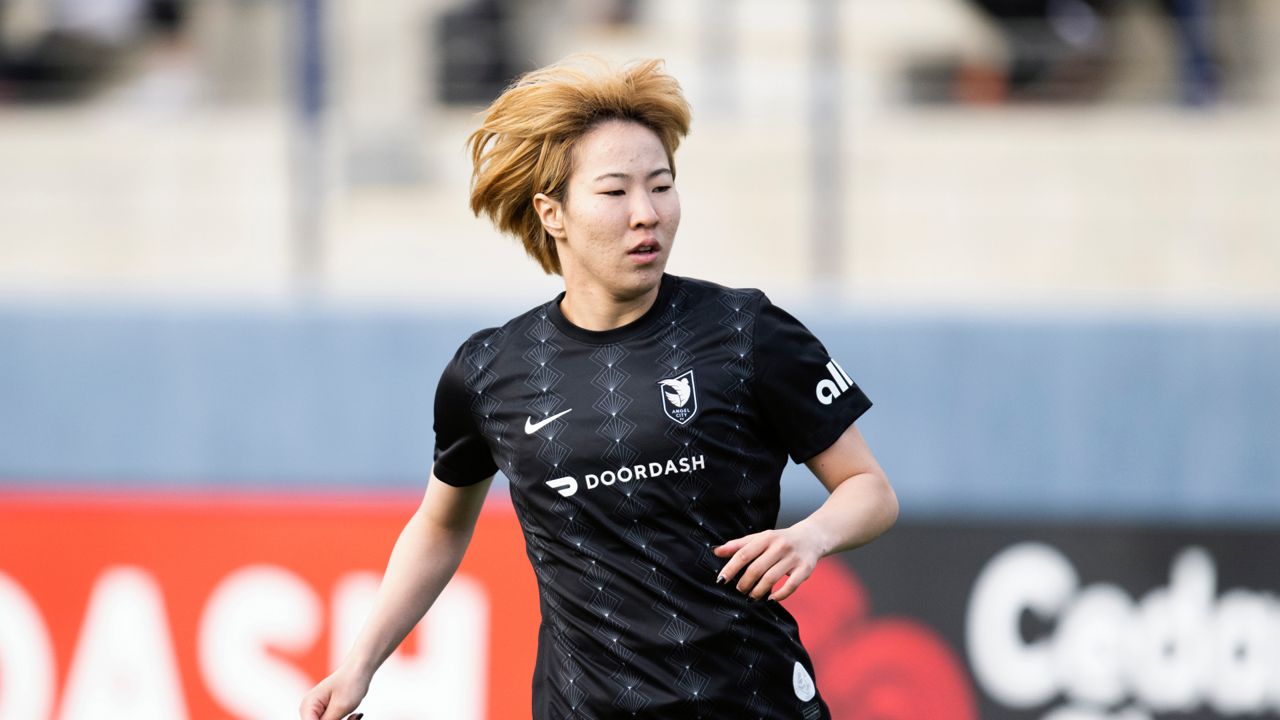 Angel City FC forward Jun Endo during an NWSL Challenge Cup soccer match against San Diego Wave FC, Saturday, March 19, 2022, in Fullerton, Calif. (AP Photo/Kyusung Gong)