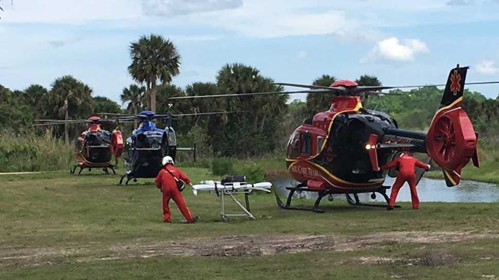 Scene at landing zone off Highway 46 in Mims as multiple trauma alerts are flown to an area hospital following a rollover crash, Saturday, April 13, 2019. (Courtesy of Brevard County Fire Rescue)