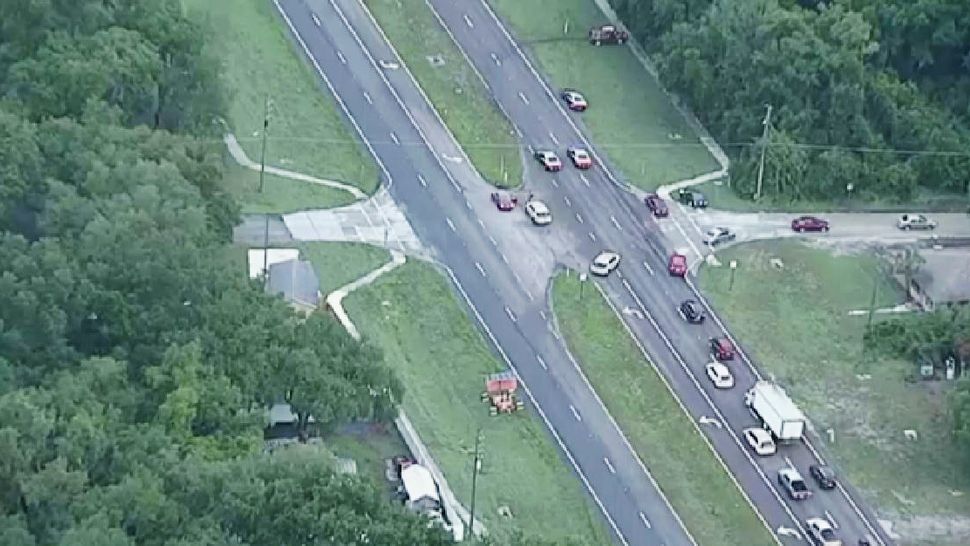 The crash has the westbound lanes of South Orange Blossom Trail blocked on Tuesday, May 14, 2019. (Sky 13)