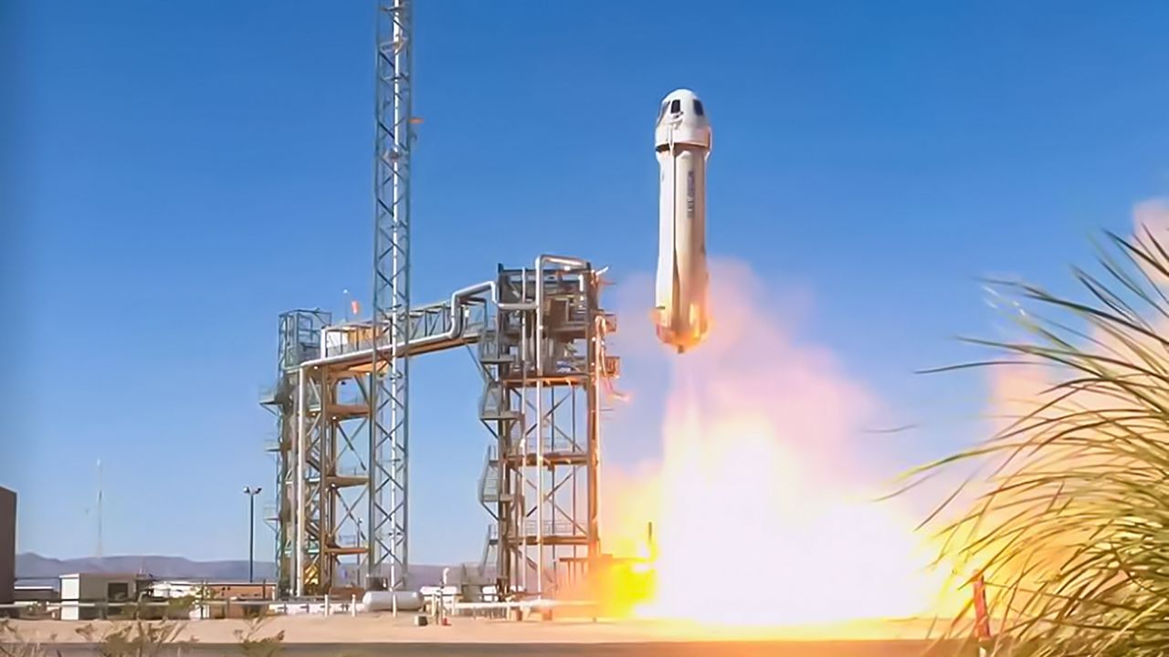 Blue Origin's New Shepard rocket took off from a spaceport launch pad in Texas on Sunday, May 19, 2024. (Blue Origin)