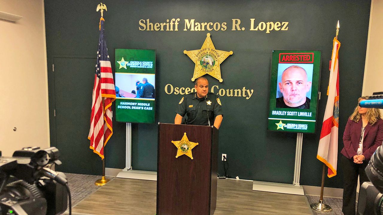 A Harmony Middle School dean was arrested on lewd and lascivious molestations on a child charges Wednesday night, said Osceola County Sheriff Marcos Lopez. (Spectrum News 13/Stephanie Bechara)