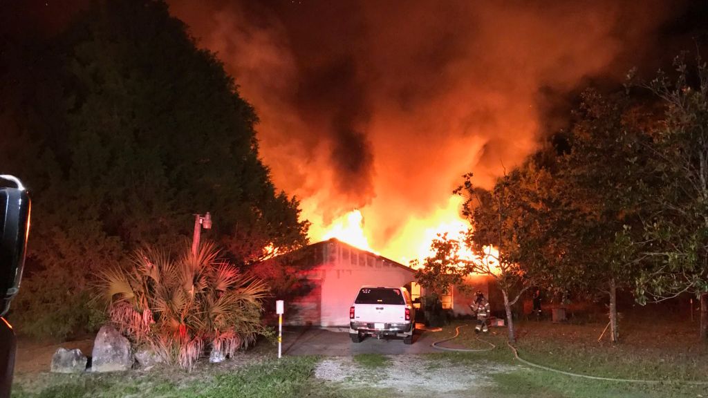 Fire crews responded to a fully involved house fire at 6444 Barclay Avenue at about 11:45 p.m. after receiving calls from several people in the area. (Courtesy of Hernando County Fire Rescue)