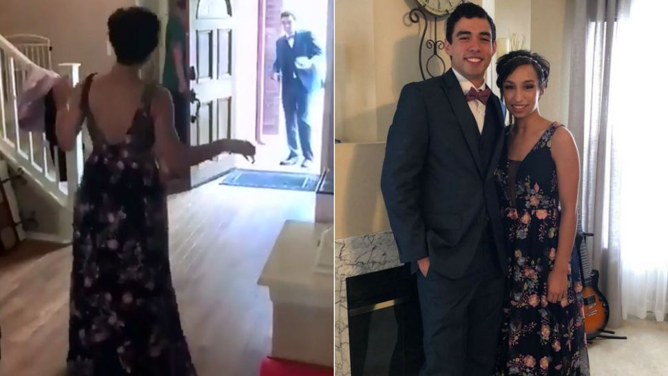 Pictured, from left: Still from surprise moment where Morgan walks towards her prom date. At right, photo of the two together after the big reveal. (Courtesy/Twitter)