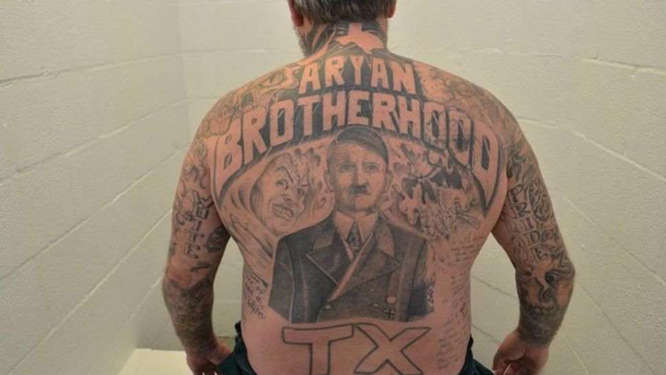 FILE- Tattooed back of James Byrd, an Aryan Brotherhood of Texas kingpin. Courtesy/Texas Department of Justice