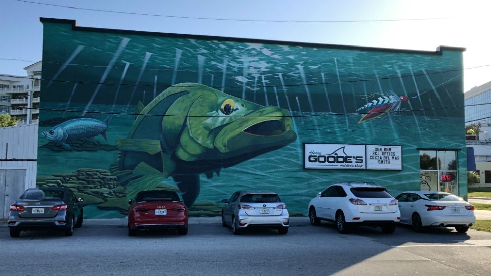 Fish mural at Harry Goode's Outdoor Shop, 1231 E. New Haven Ave., Melbourne. (Jonathan Shaban/Spectrum News 13)