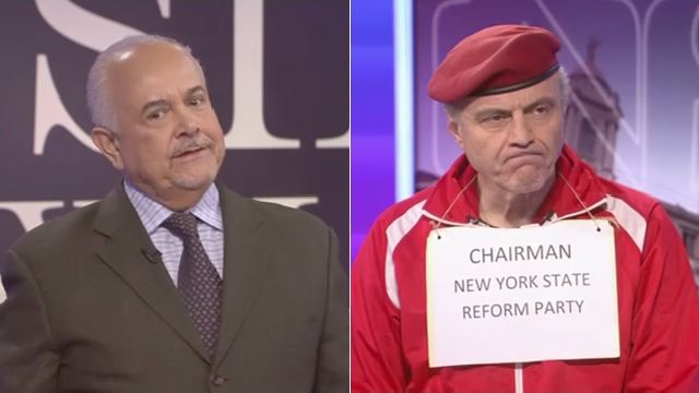 Gerson Borrero, left, and Curtis Sliwa, right, on the set of NY1 political show 
