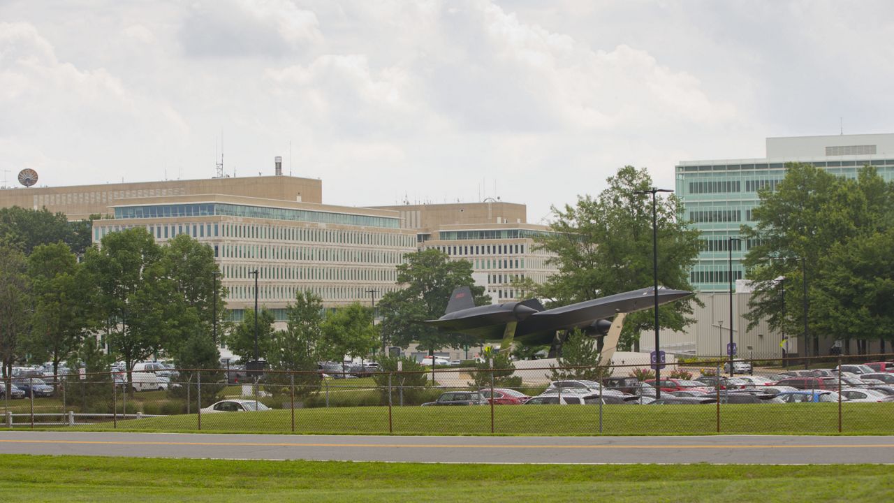 A Lockheed SR-71 "Blackbird" aircraft on display in the parking lot at Central Intelligence Agency (CIA) Headquarters in McLean, Va., Tuesday, July 15, 2014. (AP Photo/Pablo Martinez Monsivais)