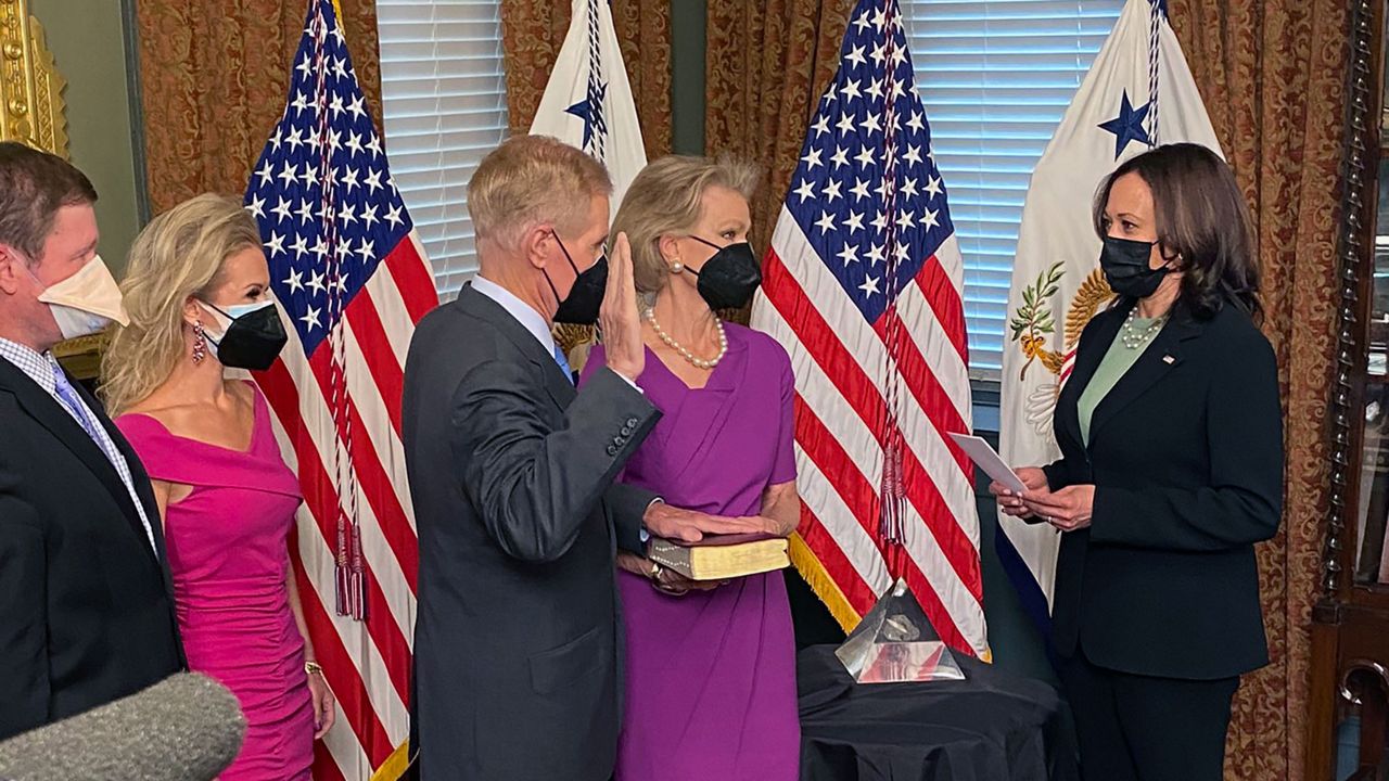 Vice President Kamala Harris swears in Bill Nelson as the 14th NASA administrator Monday. (White House)