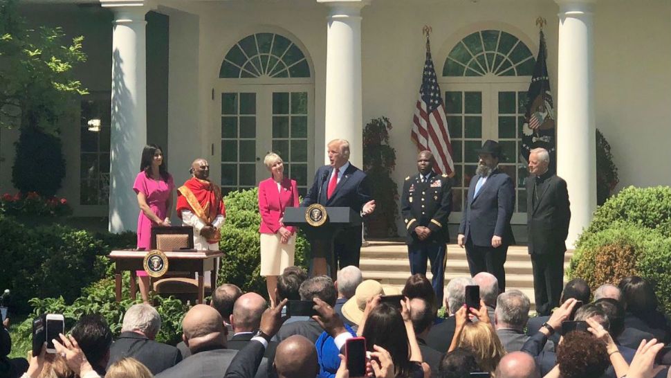 President Trump giving remarks during the National Day of Prayer event in the Rose Garden. (Image/Margaret Chadbourne)