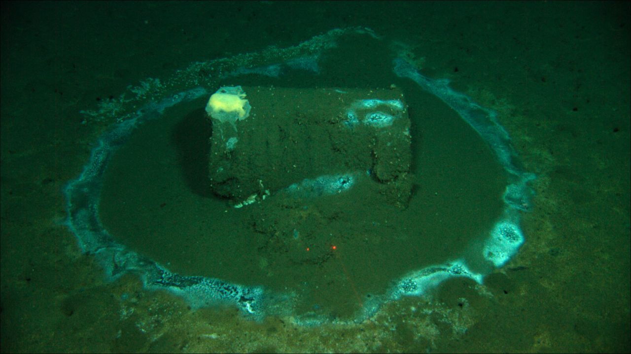 In this 2011 image provided by the University of California Santa Barbara, a barrel sits on the seafloor near the coast of Catalina Island, Calif. (David Valentine/UC Santa Barbara / RV Jason, via AP)