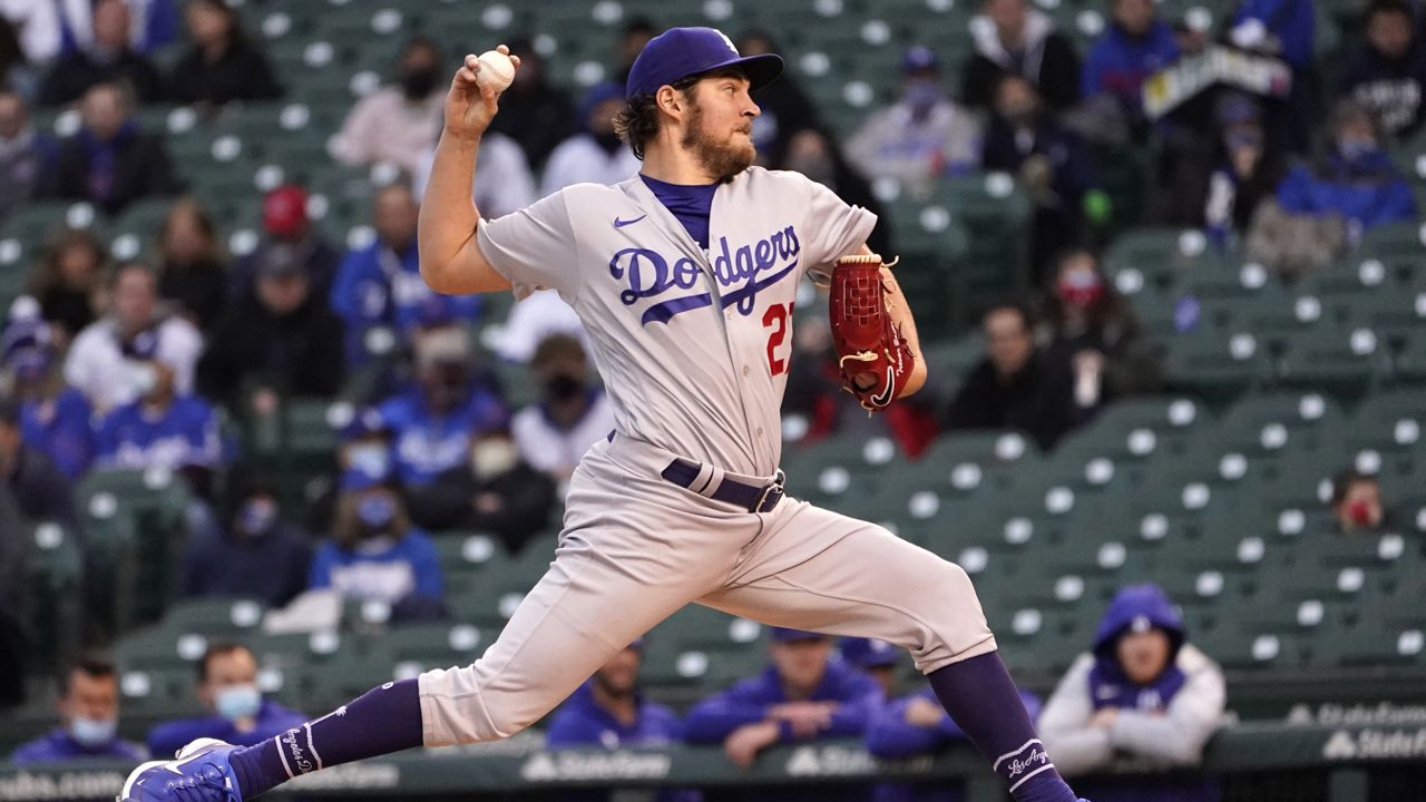 Los Angeles Dodgers starting pitcher Trevor Bauer delivers during the first inning of a baseball game against the Chicago Cubs Tuesday, May 4, 2021, in Chicago. (AP Photo/Charles Rex Arbogast)