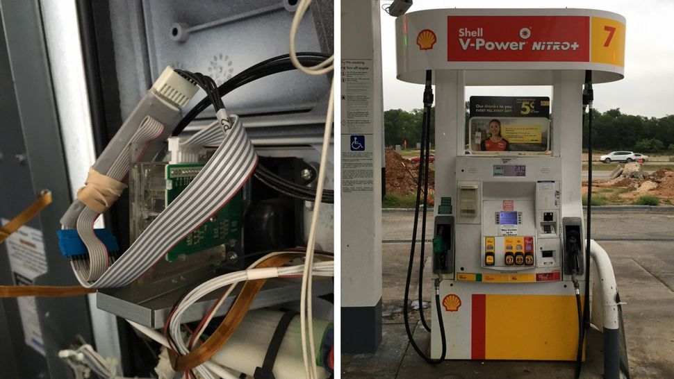 L-R: A closeup photo of the credit card skimmer and a photo of the pump where the skimmer was found. (Image/Texas Department of Agriculture)