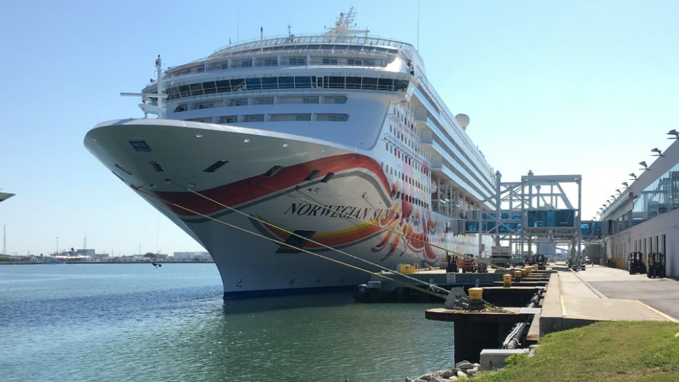 The Norwegian Sun cruise ship sits docked at Port Canaveral on Monday morning. It was set to depart for Cuba later in the day, making a historic 1st departure from Port Canaveral to the Caribbean island. (Tony Rojek, staff)