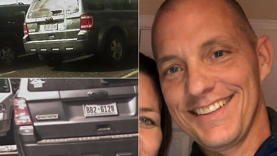 Photos to left, pictures of Scott's vehicle. Pictured, right, undated photo of Scott Mayer shared by Bexar Co. Sheriff's Office.