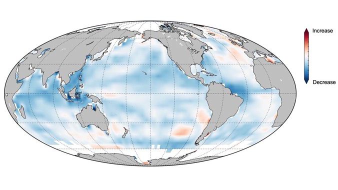 The blue areas indicate declining ocean memory between now and end of the 21st century. (Hui Shi et al.)