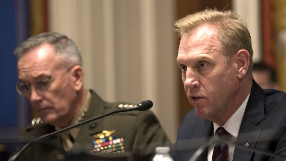 Acting Defense Secretary Patrick Shanahan (right) testifies before the Senate Appropriations Defense Subcommittee over a 2020 budget request Wednesday in Washington. Next to him is Joint Chiefs Chairman Marine Gen. Joseph Dunford. (Lisa Ferdinando/Department of Defense)