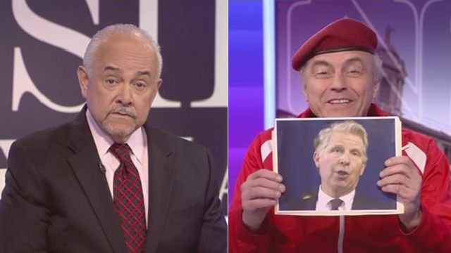 Gerson Borrero, left, and Curtis Sliwa, right, on the set of NY1 political show 