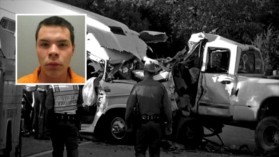 Photo, upper left: Undated mugshot of Jack Young. Background image: Scene of accident on March 29, 2017.