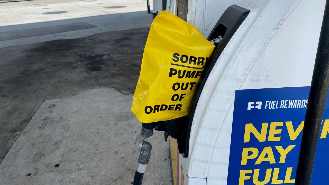 Pumps out of gas at a station in South Pasadena Tuesday. It's not known whether the station was out because of panic buying or a gas truck driver shortage. (Spectrum News/Scott Harrell) 