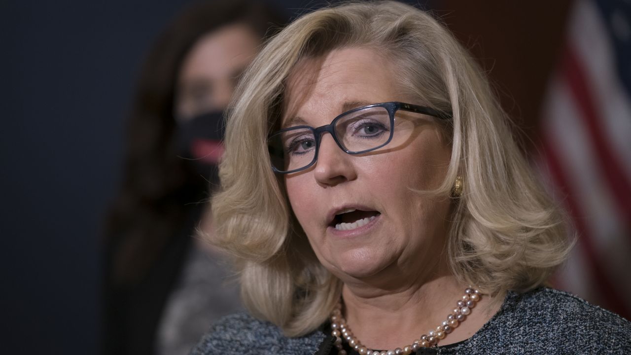 In this photo taken Tuesday, April 20, 2021, House Republican Conference Chair Rep. Liz Cheney, R-Wyo., speaks to reporters following a GOP meeting at the Capitol in Washington. (AP Photo/J. Scott Applewhite)