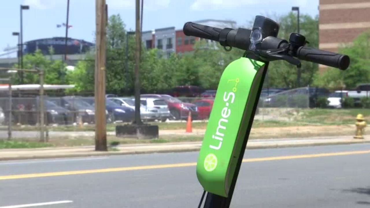 A Lime scooter just outside of Bank of America Stadium near uptown Charlotte. 