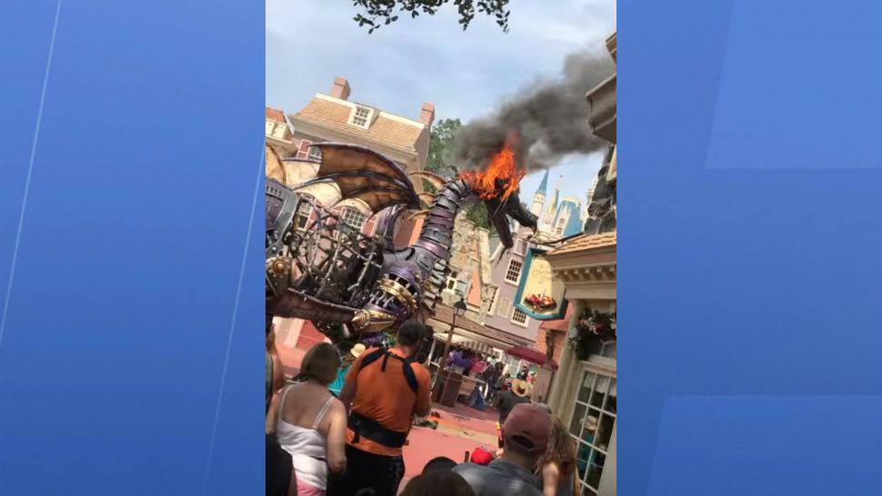 A Maleficent-themed float featuring a fire-breathing dragon caught fire at the Magic Kingdom on Friday afternoon. (Courtesy of Jacob Easley)