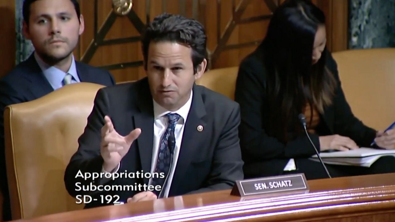 U.S. Sen. Brian Schatz, D-Hawaii, questioned U.S. commerce secretary Gina Raimondo during a Senate appropriations subcommittee hearing on Wednesday. (U.S. Sen. Brian Schatz Facebook capture)