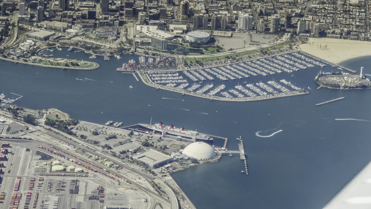 Aerial view of Port of Long Beach with the Los Angeles River emptying into the Pacific Ocean. (Courtesy of Getty Images)