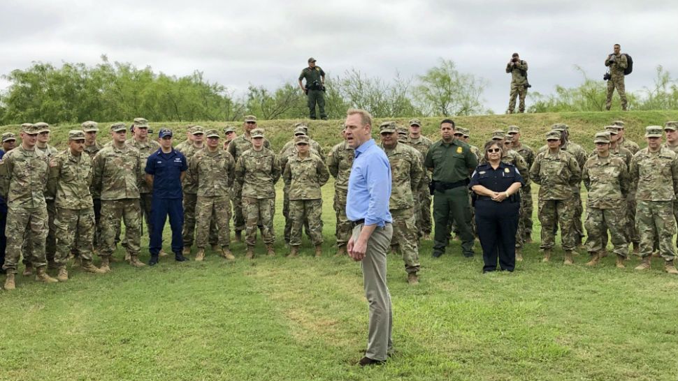 Acting Defense Secretary Patrick Shanahan speaks with troops near McAllen, Texas, on Saturday, May 11, 2019 about the military’s role in support of the Department of Homeland Security’s effort to secure the Southwest border. (AP Photo/Robert Burns)