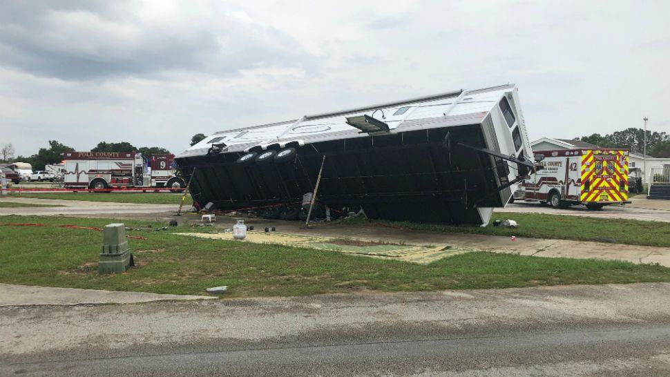 High winds toppled an RV at the Lake Magic RV Resort in the Four Corners area Tuesday afternoon. (Courtesy of Polk County Fire)