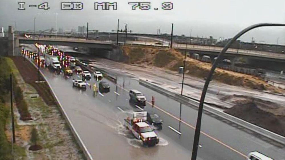 Flooding blocked two lanes of I-4 near Florida's Turnpike in Orlando Wednesday, May 16. (FDOT)
