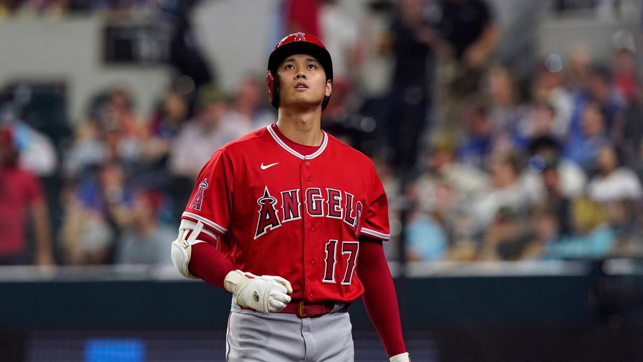 Shohei Ohtani of the Los Angeles Angels is pictured in the dugout