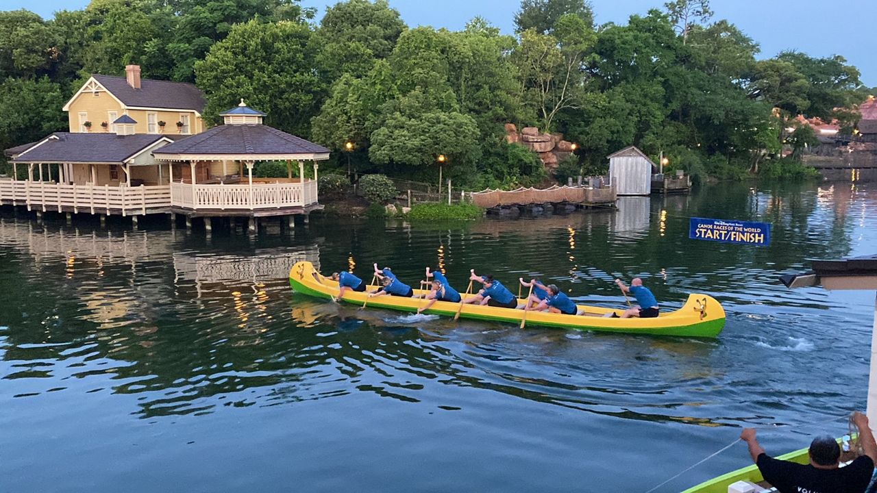 Disney World cast members participating in the annual canoe races at Magic Kingdom on Tuesday, May 17, 2022. (Spectrum News/Ashley Carter)