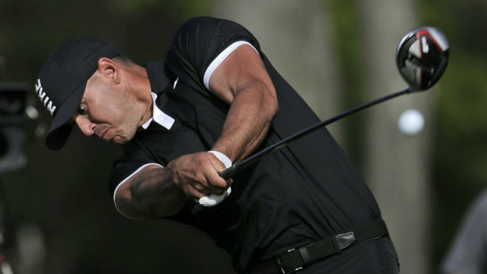 Brooks Koepka drives off the 12th tee during the third round of the PGA Championship golf tournament, Saturday, May 18, 2019, at Bethpage Black in Farmingdale, N.Y. (AP Photo/Julio Cortez)