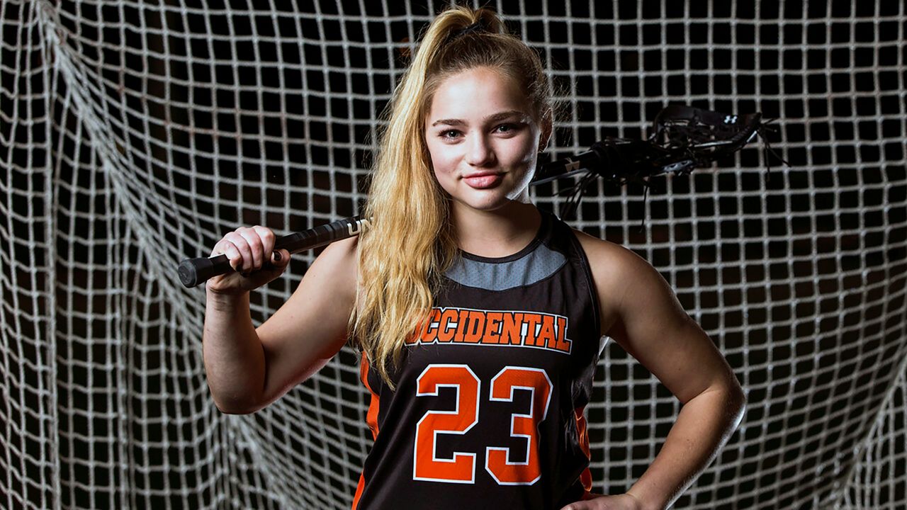 This photo provided by Occidental College shows lacrosse player Julia Shwayder in 2022. (Sam Leigh/Occidental College via AP)