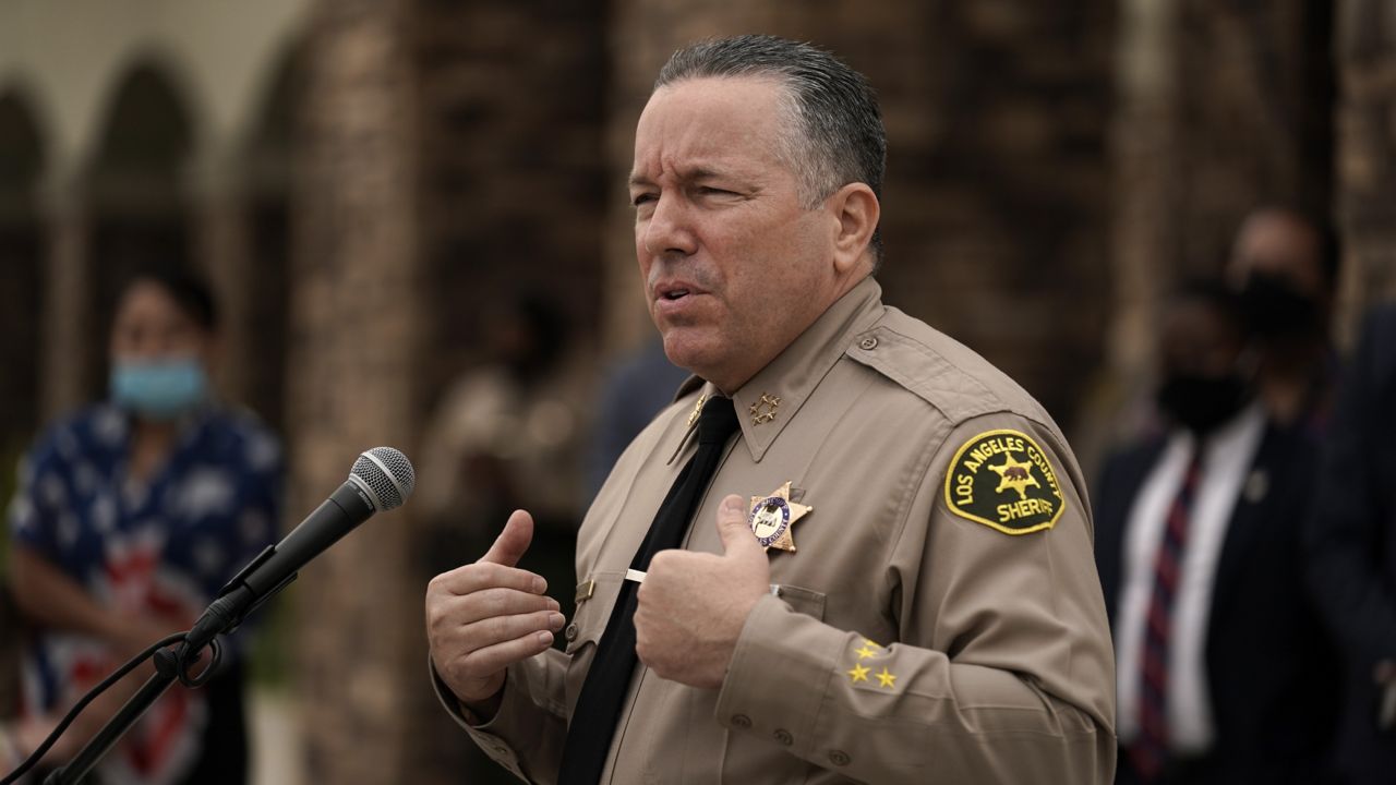 Los Angeles County Sheriff Alex Villanueva speaks during a news conference regarding the ongoing protests over the death of Dijon Kizzee in Los Angeles, Thursday, Sept. 10, 2020. (AP Photo/Jae C. Hong)