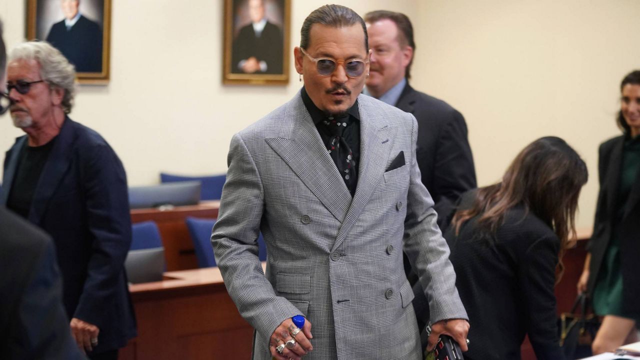 Actor Johnny Depp appears in the courtroom at the Fairfax County Circuit Courthouse in Fairfax, Va., May 19, 2022. (Shawn Thew/Pool Photo via AP)